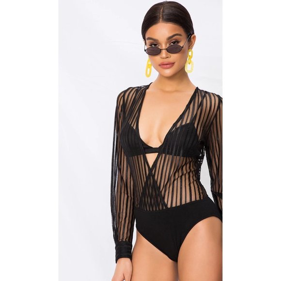 NWOT | Superdown Dila Sheer Striped Black Blouse Bodysuit, Size Small - Picture 12 of 13